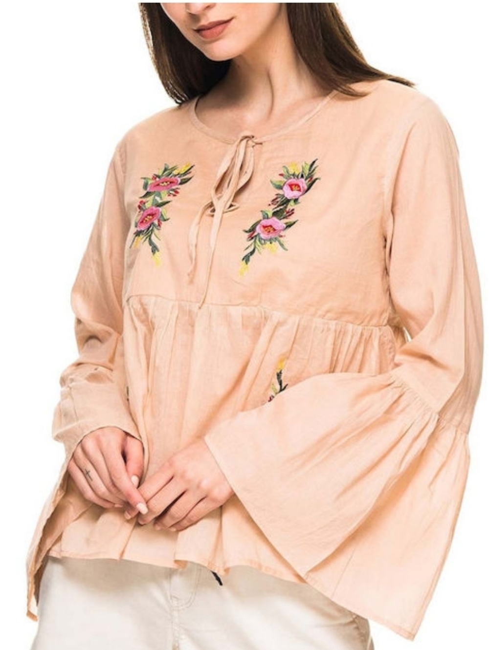 S. R Fashion Peach Embroidered Tie-Neck Boho Top - Women's Size L